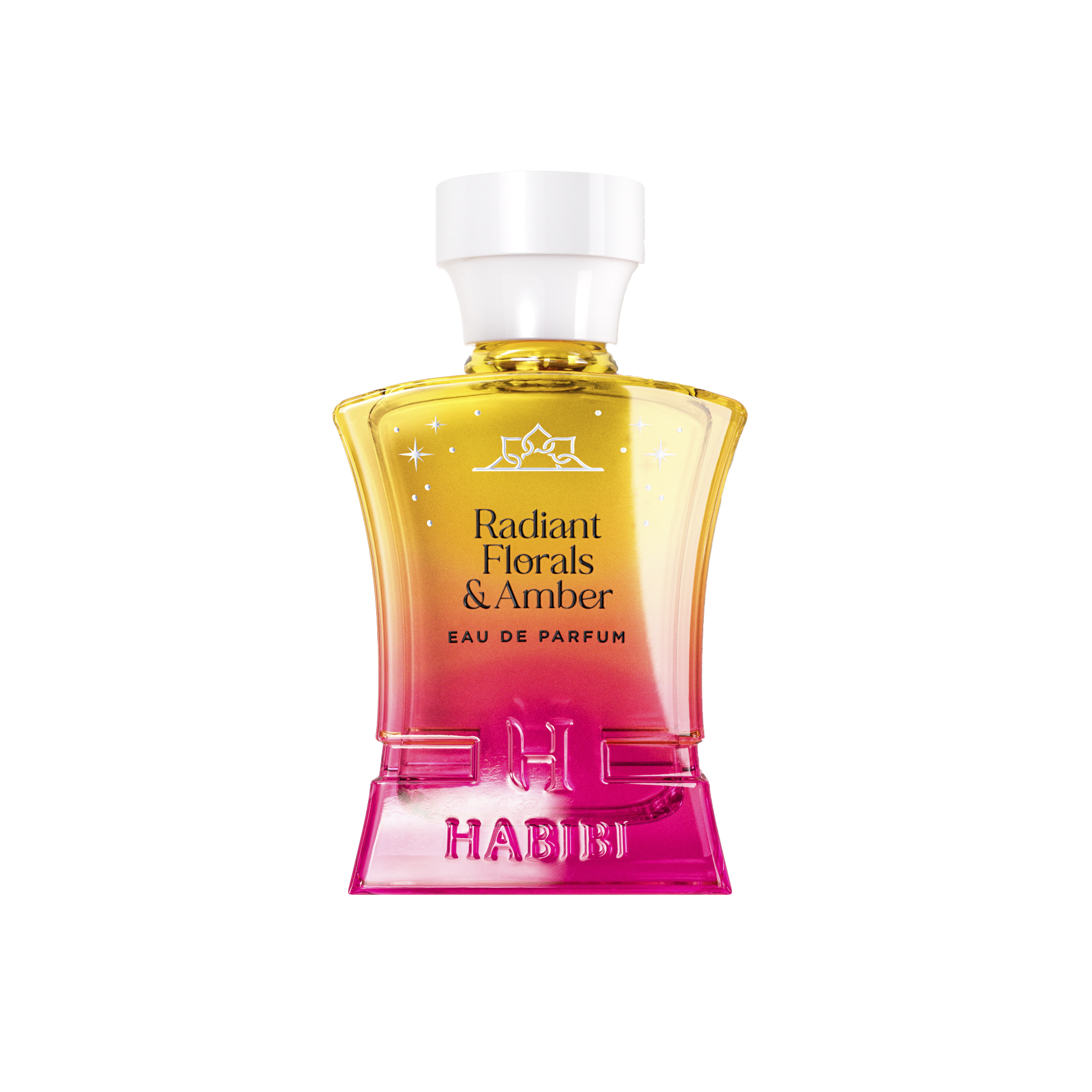 Gradient perfume bottle labeled 'Radiant Florals & Amber' with white cap.