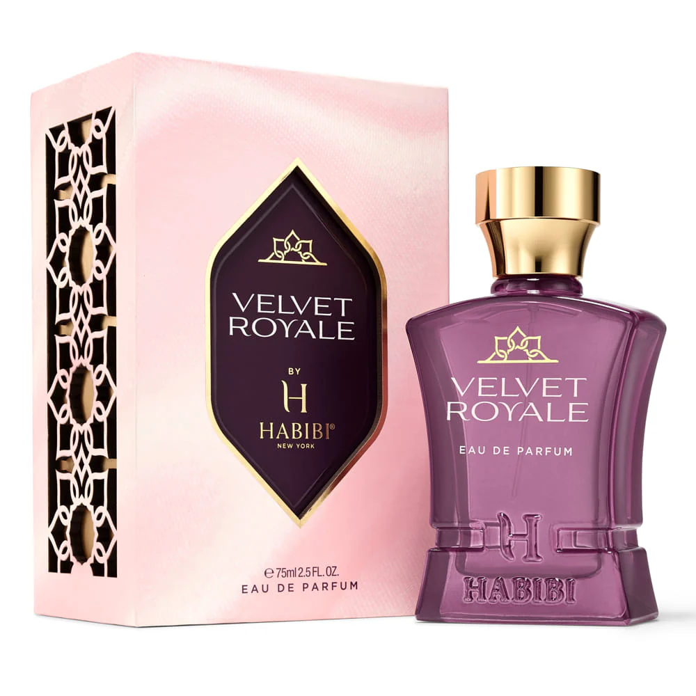 Purple perfume bottle and pink box labeled 'Velvet Royale' by Habibi.