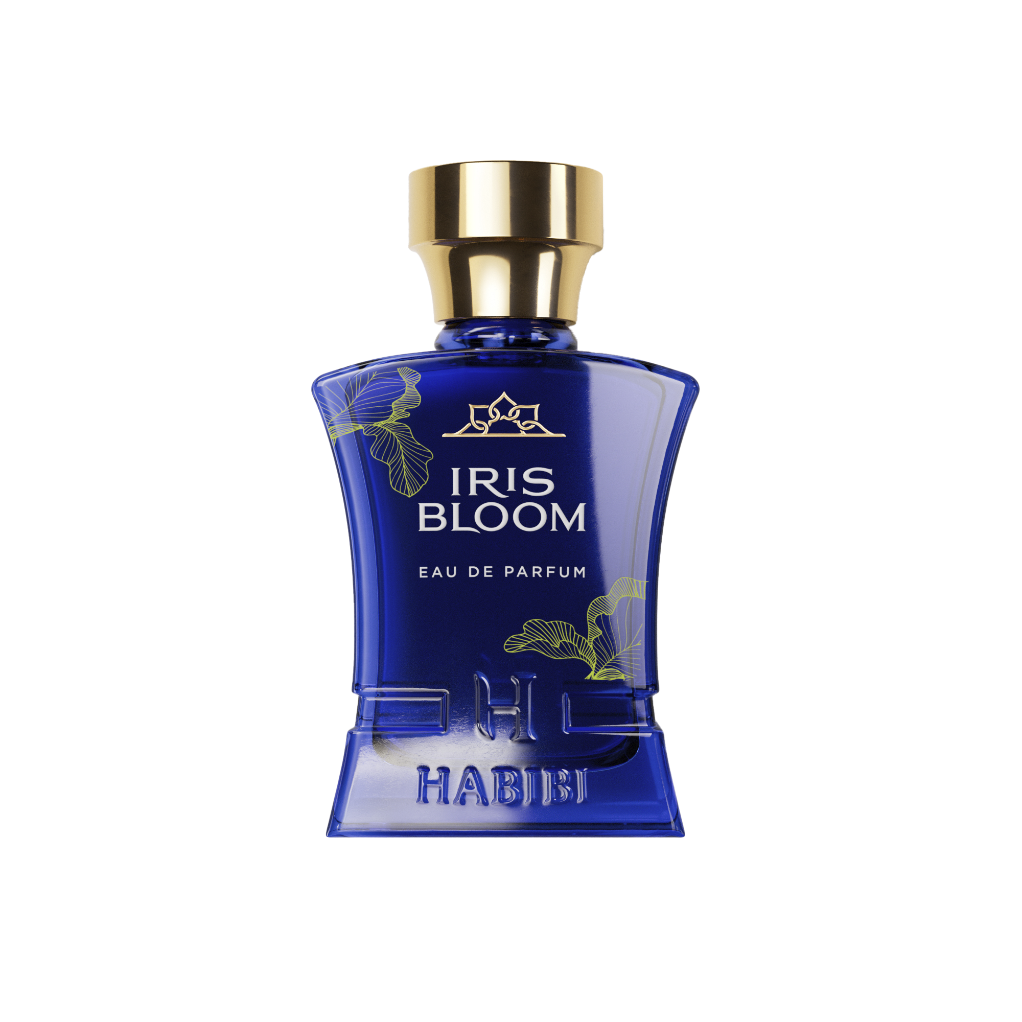 Blue perfume bottle labeled 'Iris Bloom Eau de Parfum' with gold cap and floral design.