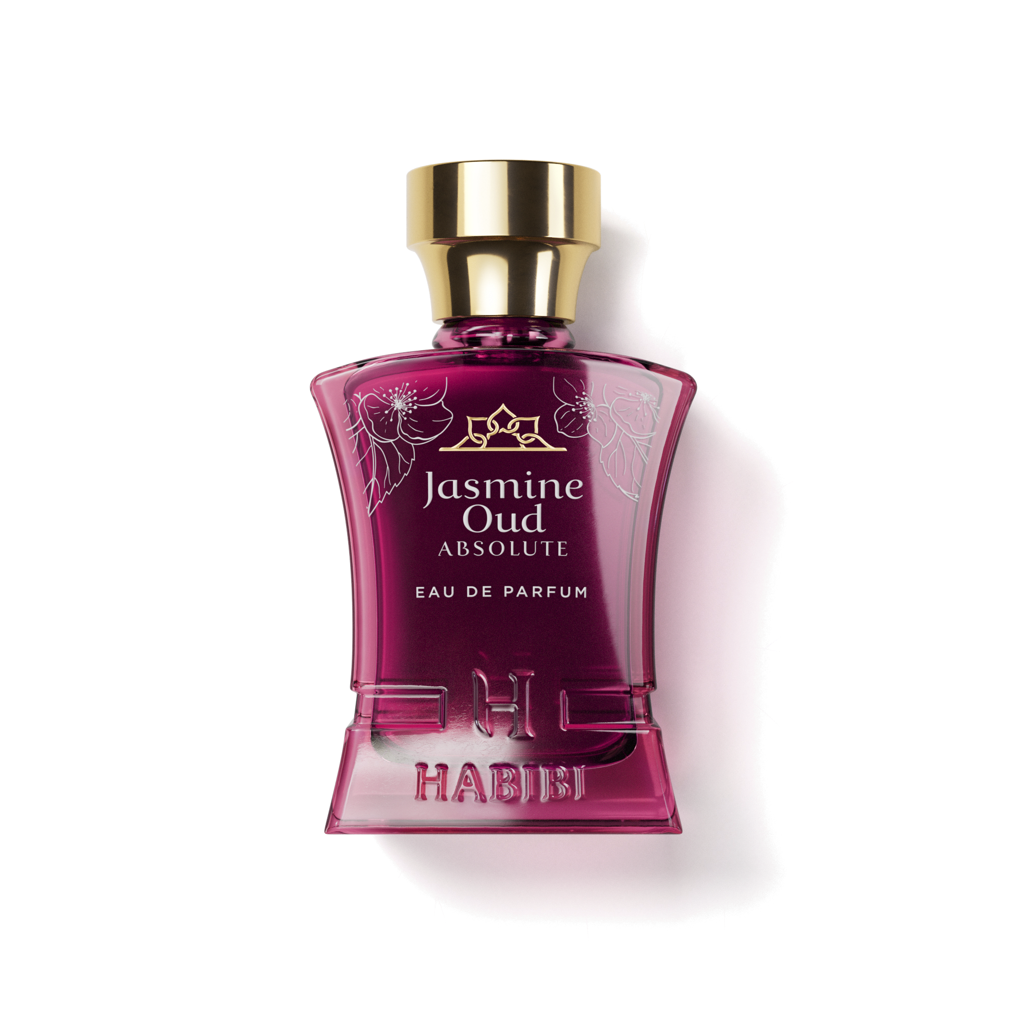 Purple perfume bottle labeled 'Jasmine Oud Absolute' with gold cap.
