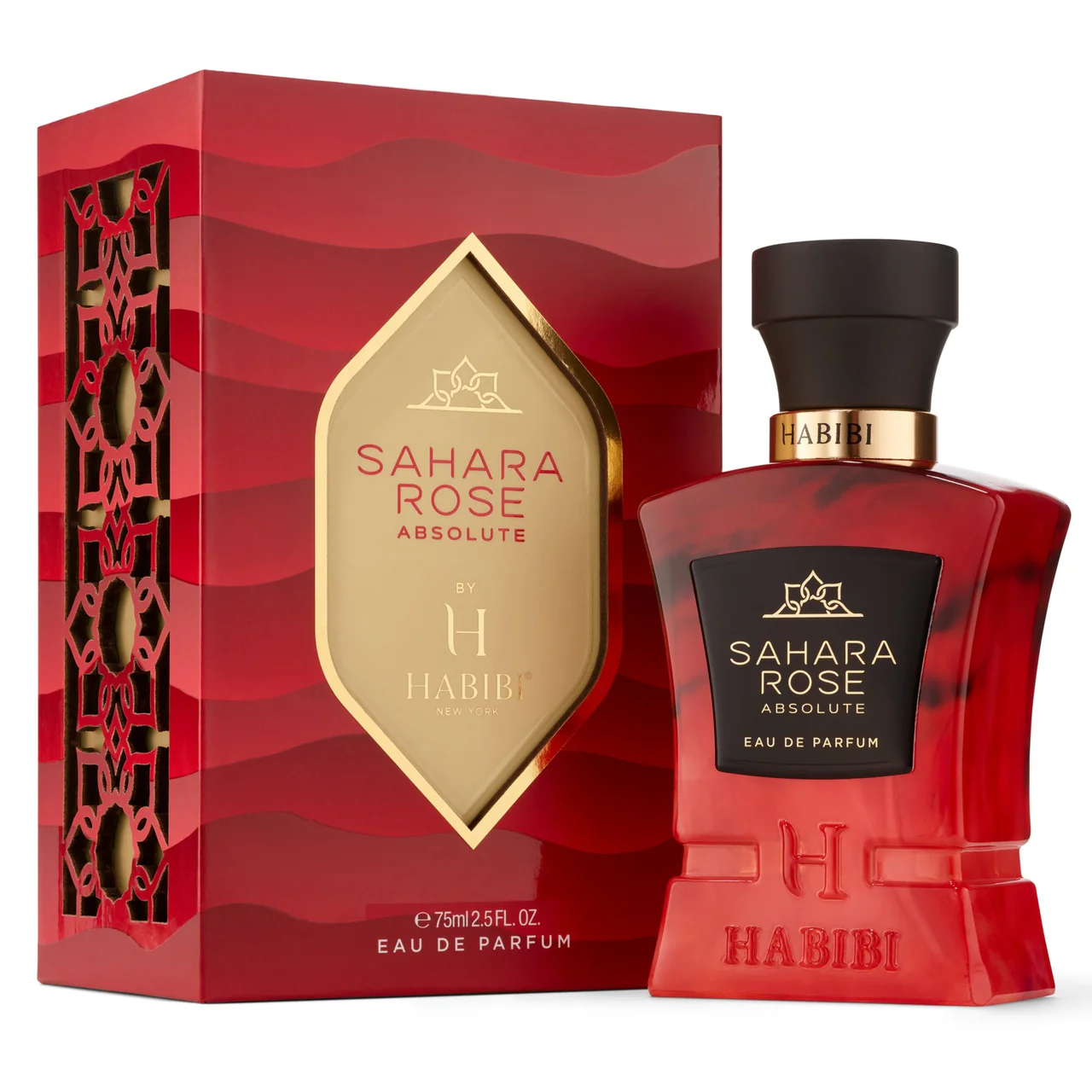 Red perfume bottle and box labeled 'Sahara Rose Absolute' by Habibi.