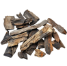 A pile of dark, rough wooden bark pieces on a white background.