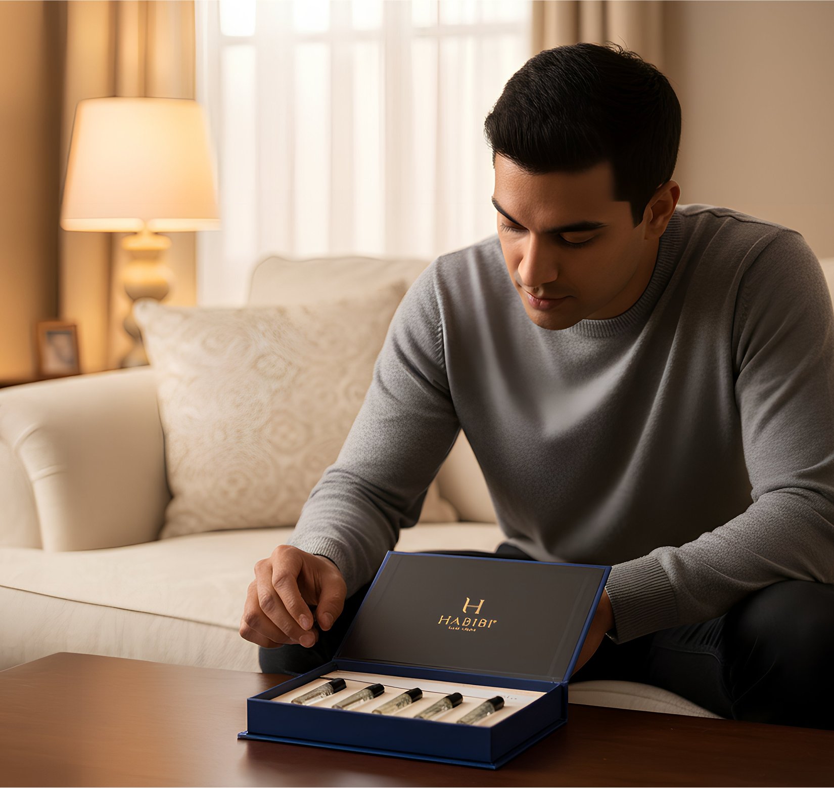 Man examining a box of vials in a living room setting.