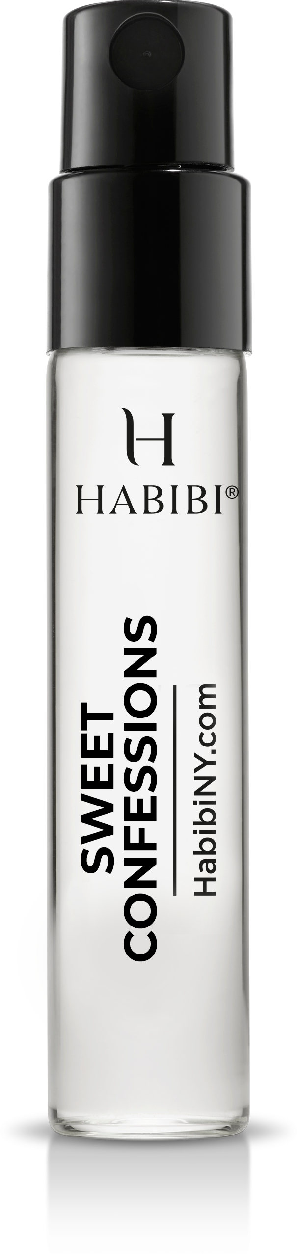 A clear glass travel spray bottle of Habibi Sweet Confessions perfume with a black cap.