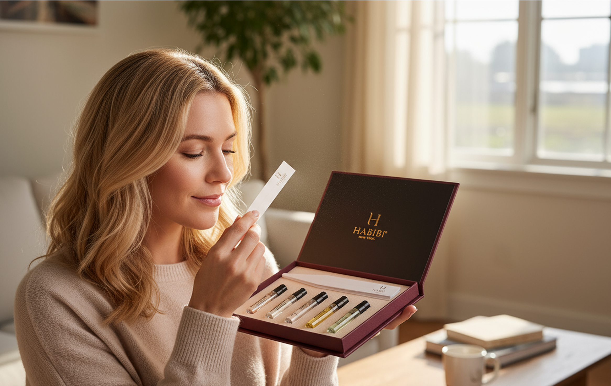 Woman smelling a fragrance strip next to a perfume sample box.