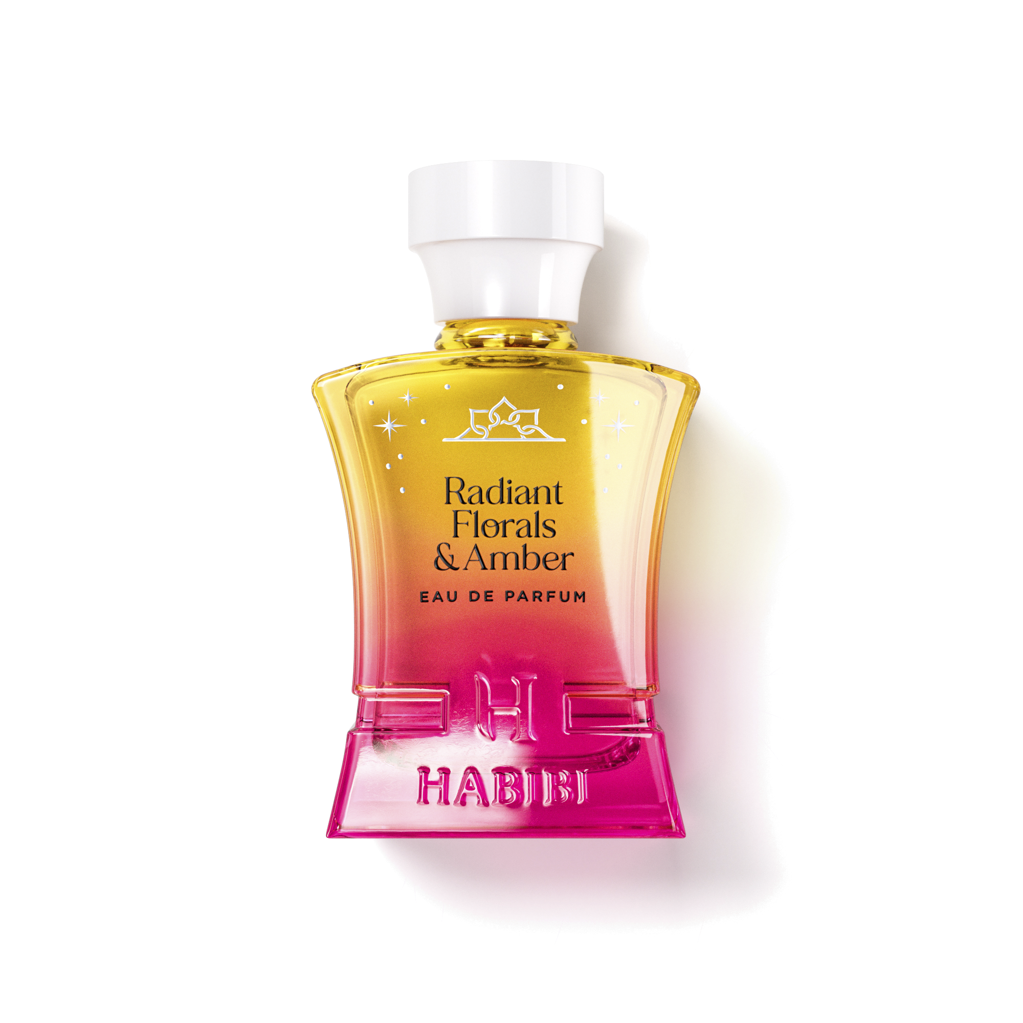 A colorful perfume bottle labeled 'Radiant Florals & Amber' with a white cap.