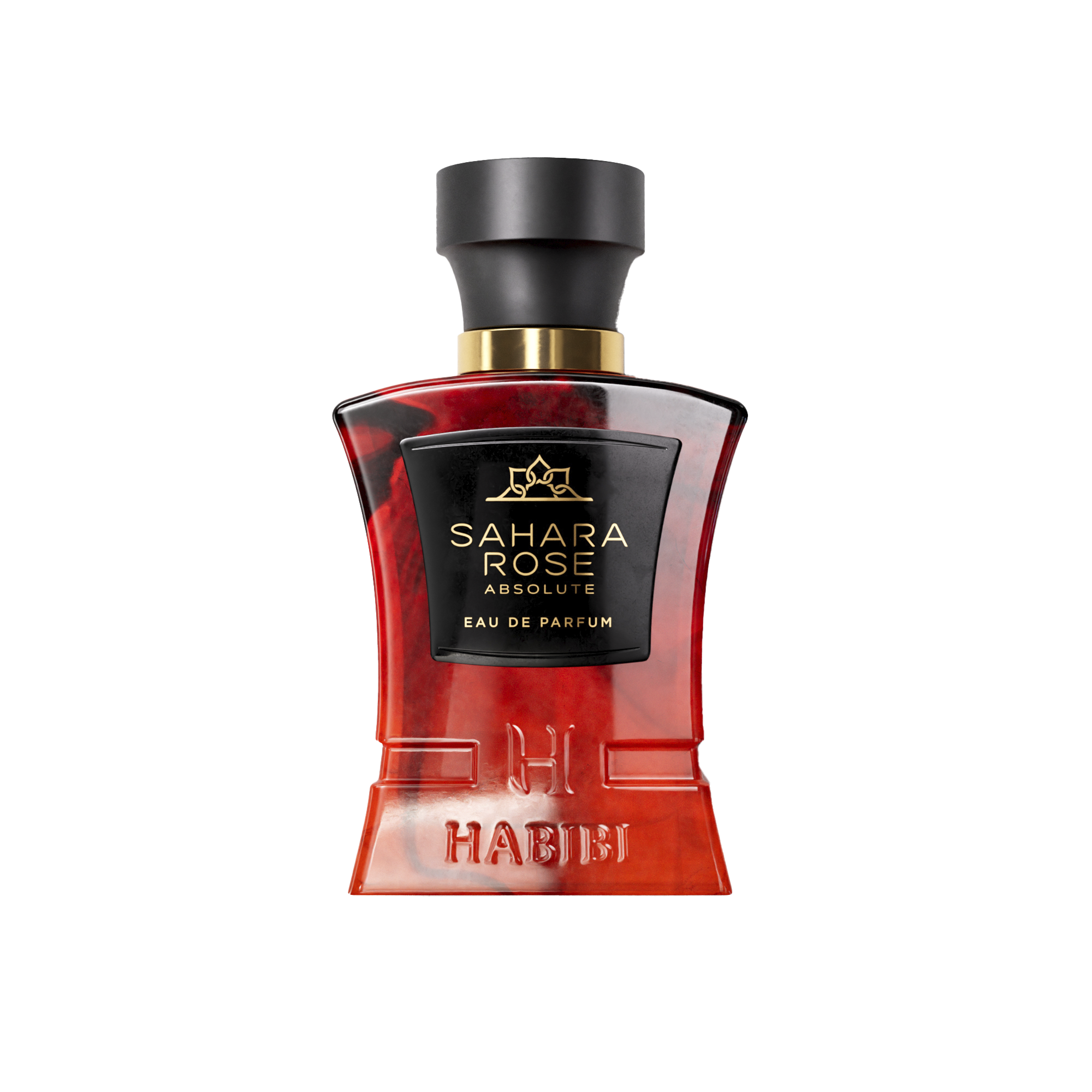 Red and black perfume bottle labeled 'Sahara Rose Absolute' with a black cap.