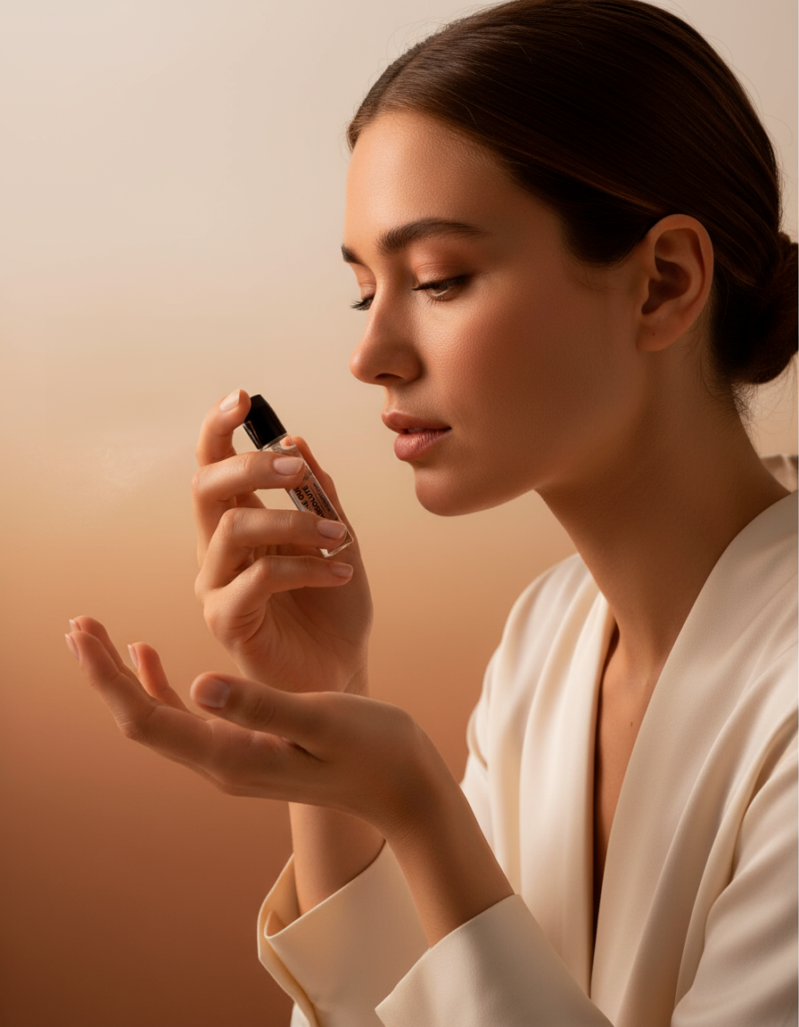 Woman applying spray from a bottle onto her hand.