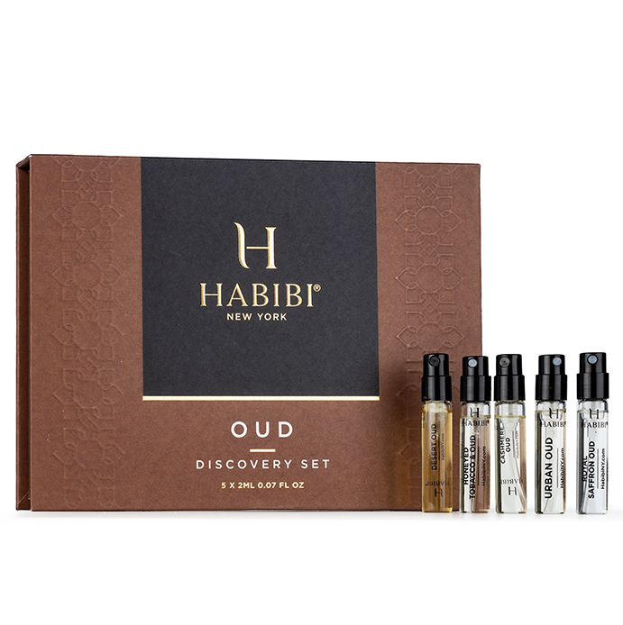 Brown box labeled 'Habibi Oud Discovery Set' with five sample vials.