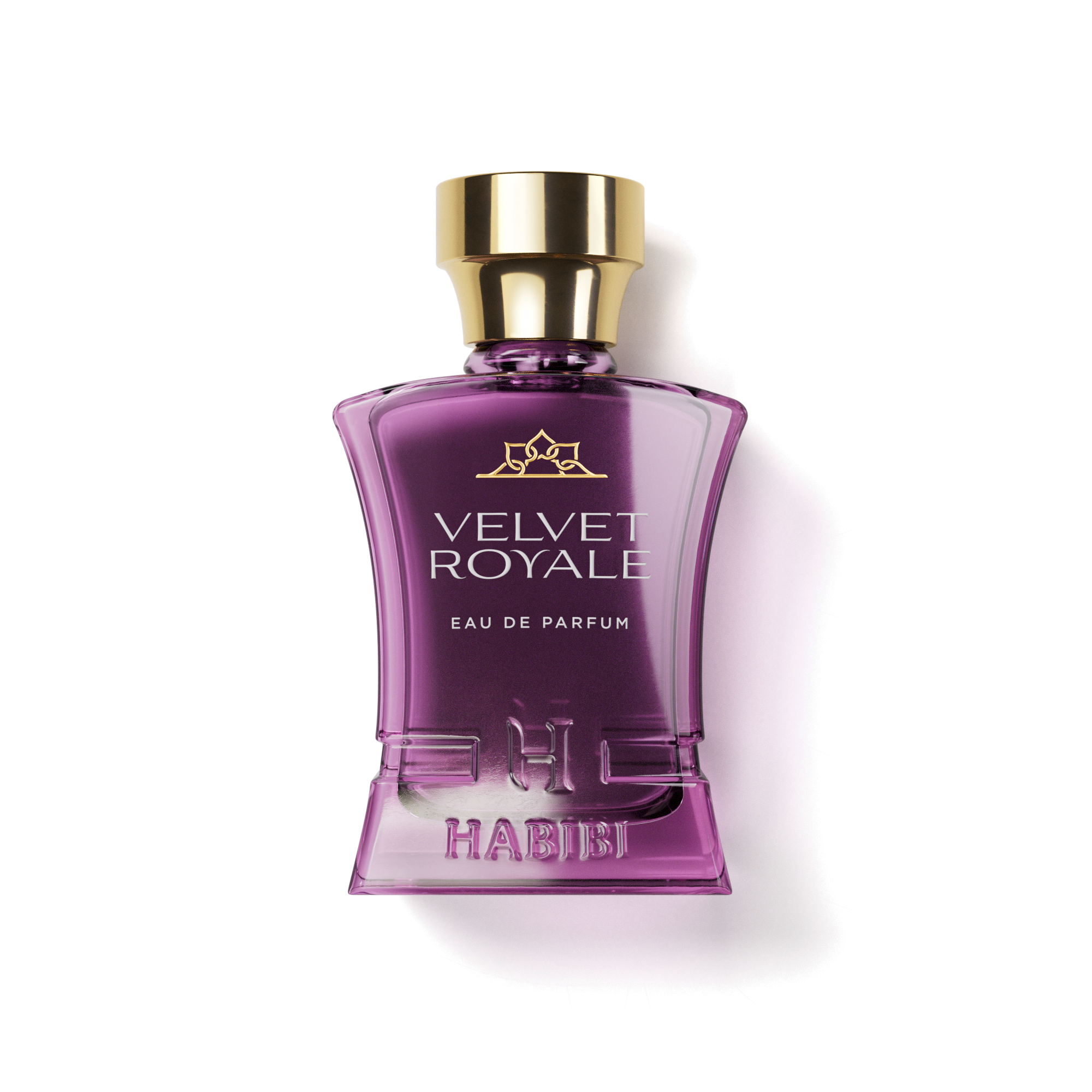 Purple perfume bottle labeled 'Velvet Royale Eau de Parfum' with a gold cap.
