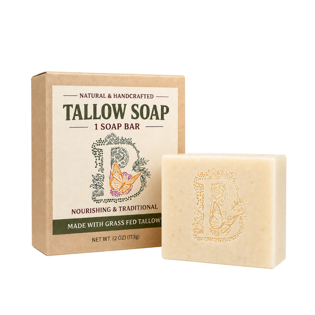 A bar of Tallow Soap with its cardboard packaging, both featuring a decorative butterfly logo.