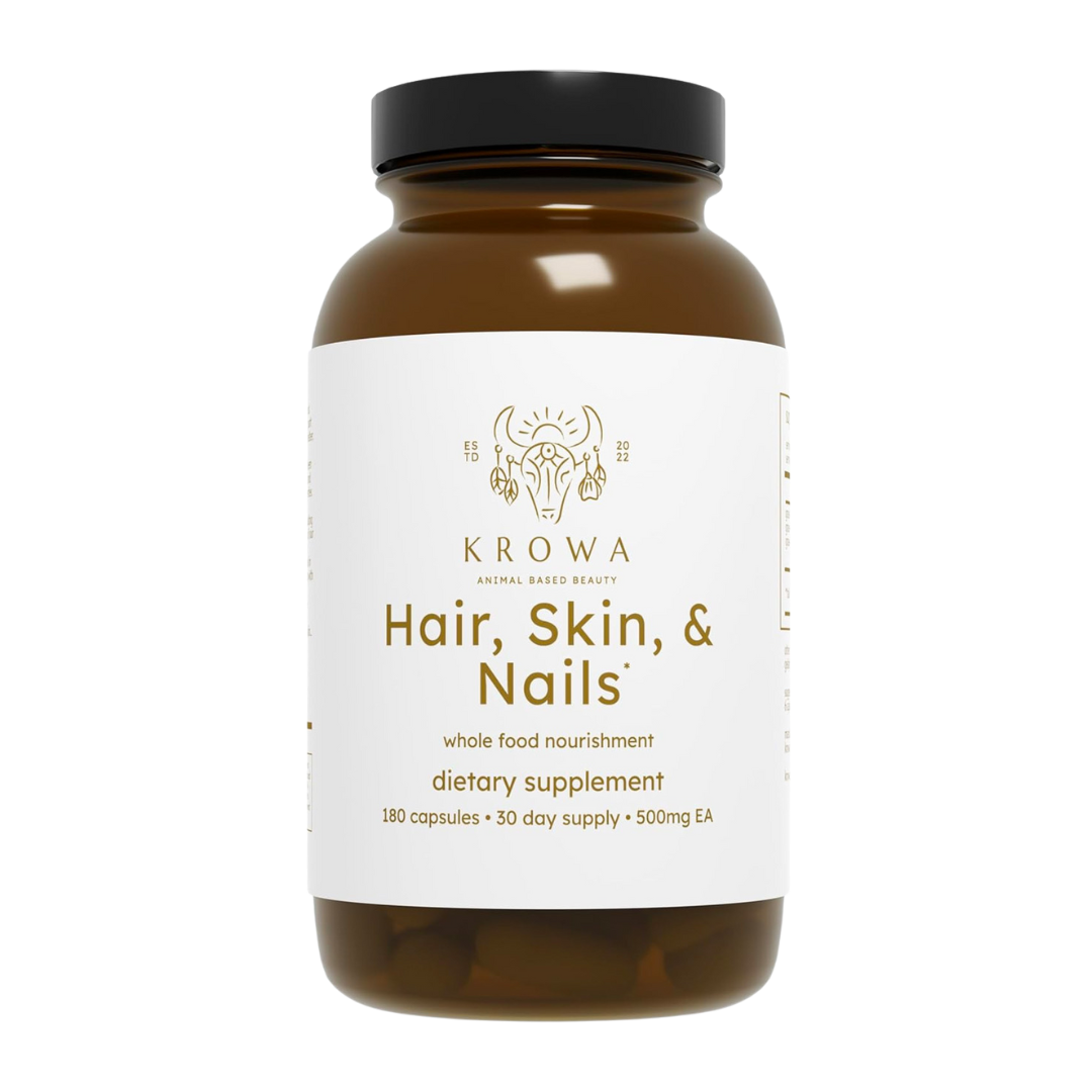 Brown jar labeled 'Hair, Skin, & Nails' dietary supplement.