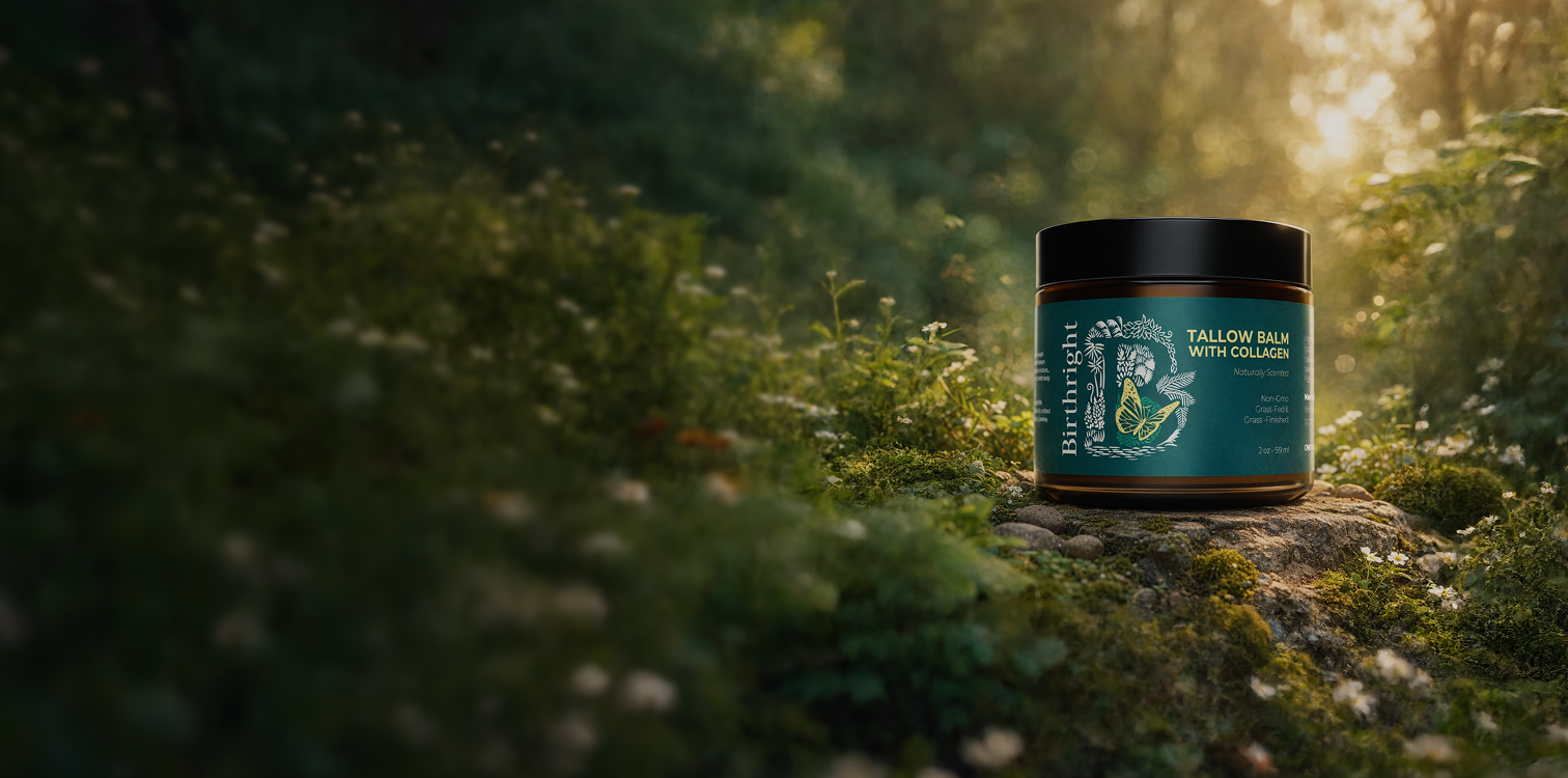 Bottle of Birthright Tallow Balm sitting on a rock in nature