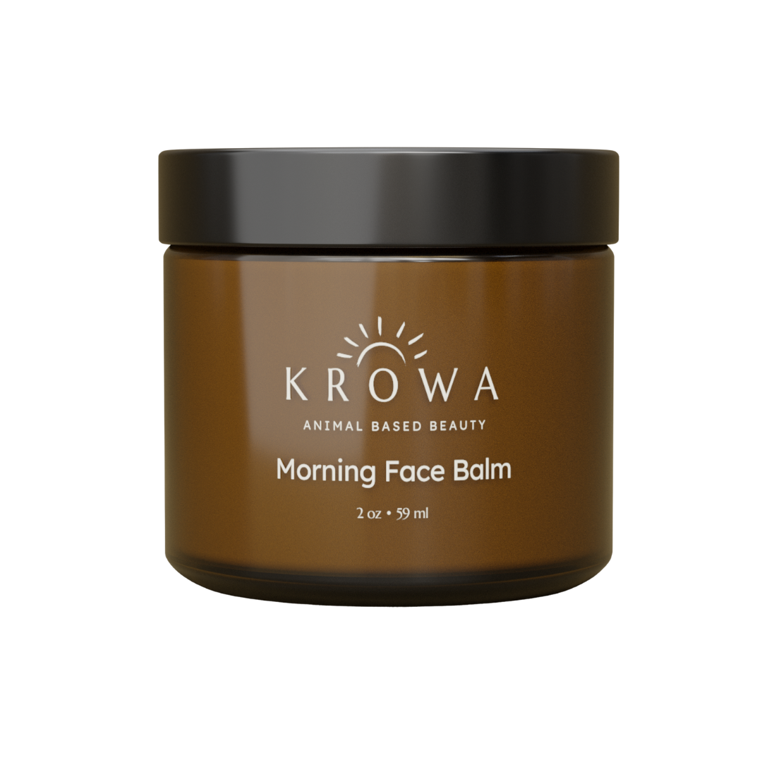 Brown jar labeled 'KROWA Morning Face Balm' with black lid.