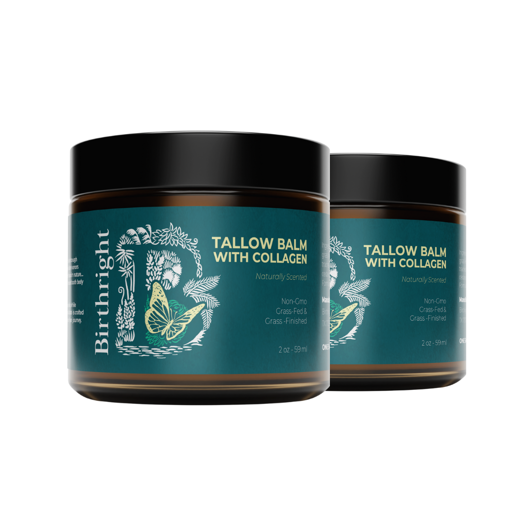 Two jars of Birthright Tallow Balm with Collagen, blue labels with floral design.