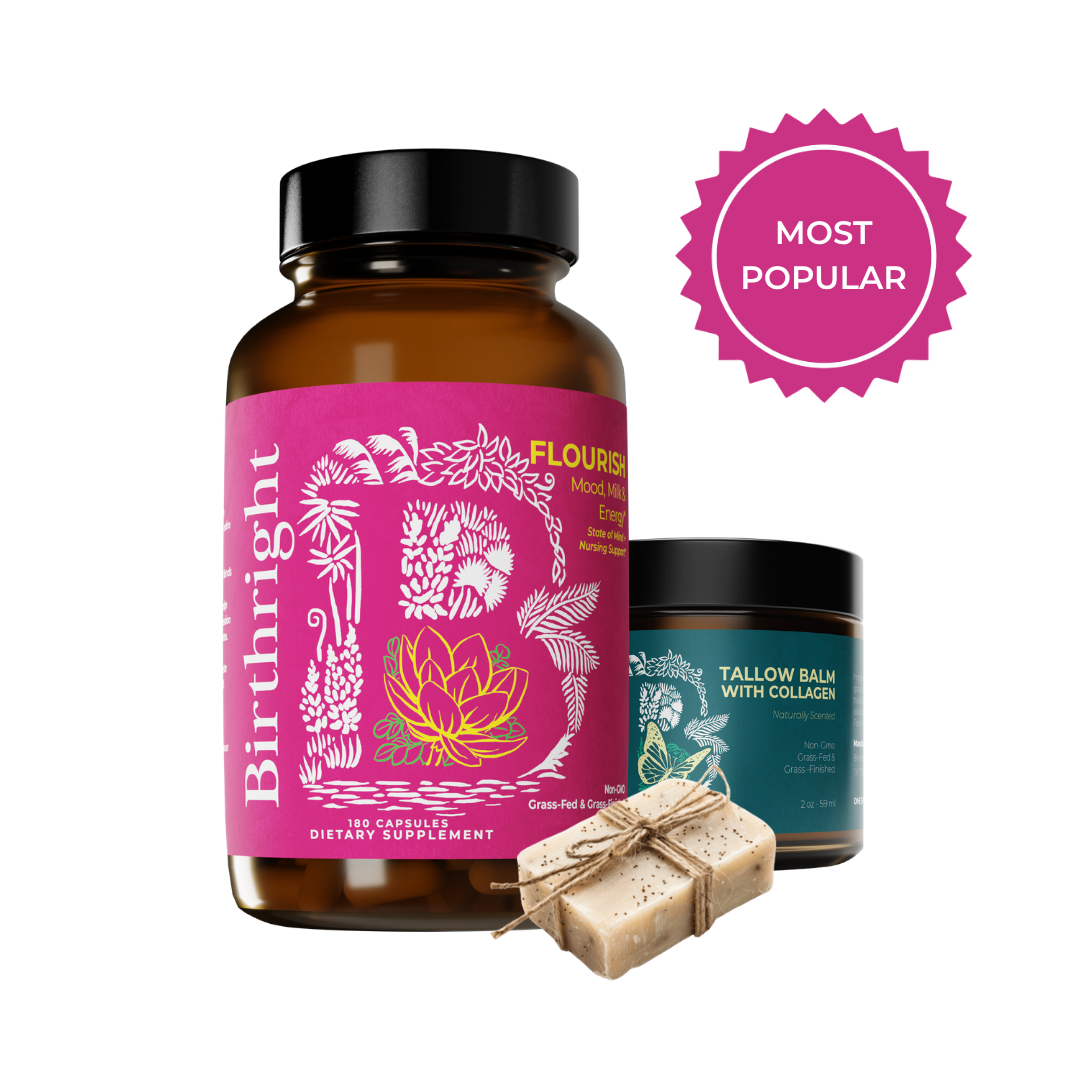 A bottle of Birthright supplements, a jar of Tallow Balm with Collagen, and a bar of soap.