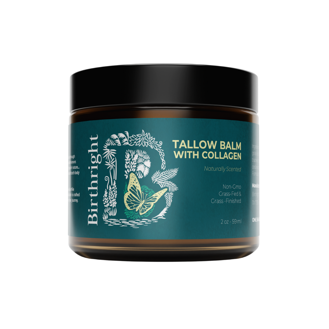 A jar labeled 'Tallow Balm with Collagen,' featuring botanical and butterfly designs.