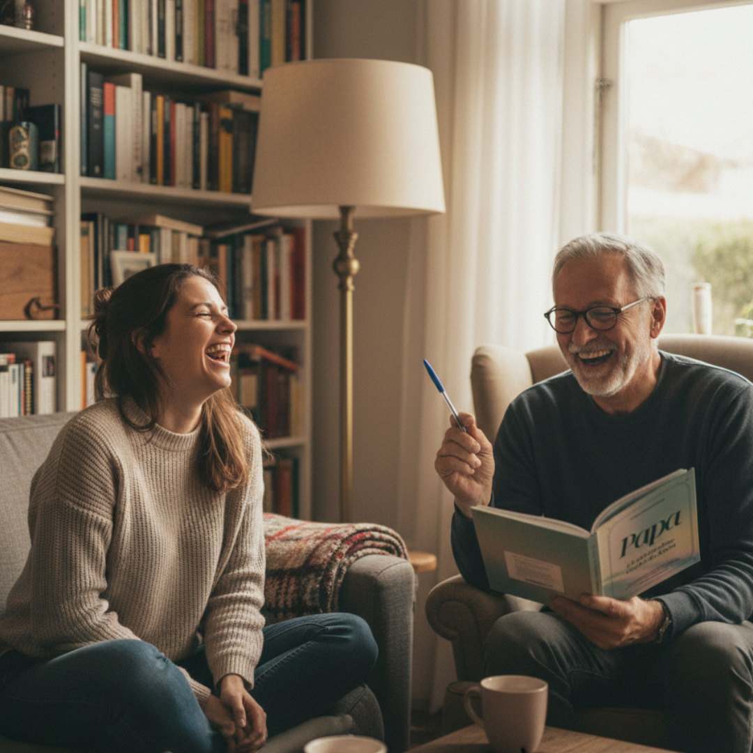 Two people laughing and reading in a cozy, book-filled room.
