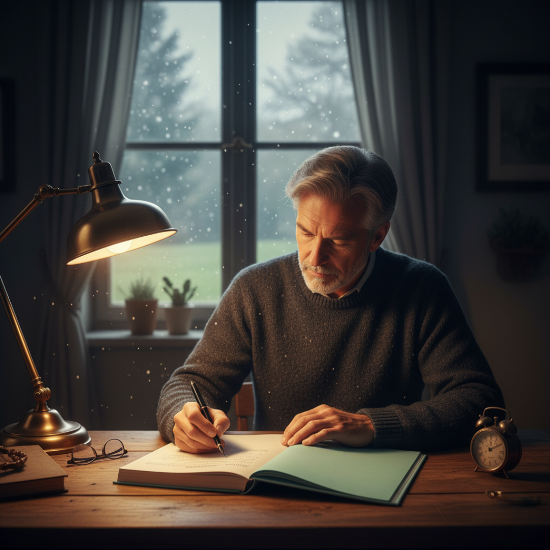 Person writing at a desk, lit by a lamp, window in the background.