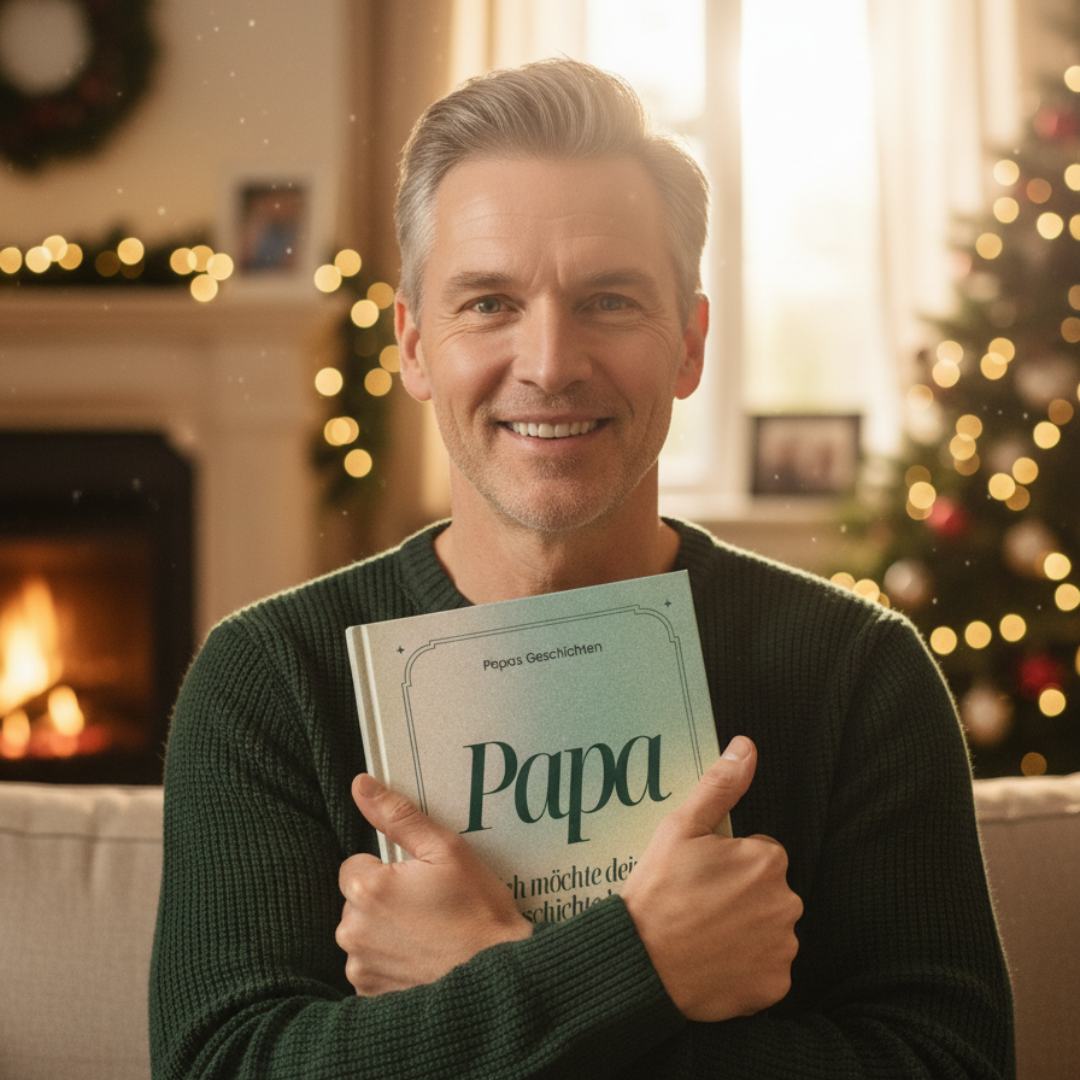 Man holding a book, seated in a festive living room with a Christmas tree.