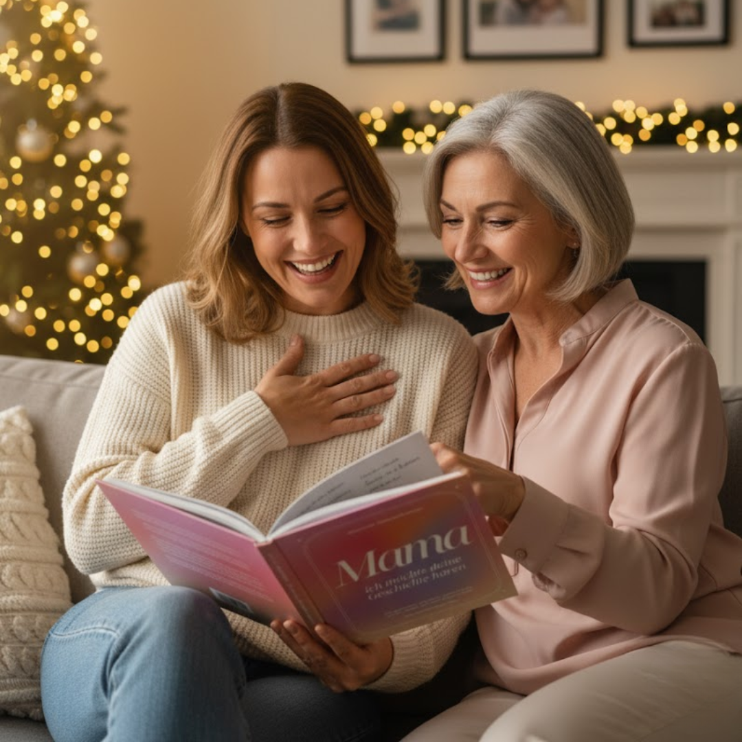 Two women sitting on a couch, smiling while reading a book together.