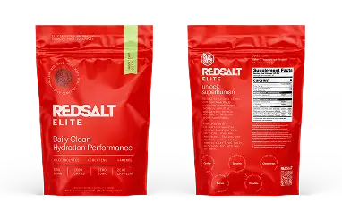 Two red nutritional supplement bags labeled 'REDSALT ELITE' with text and nutrition facts.