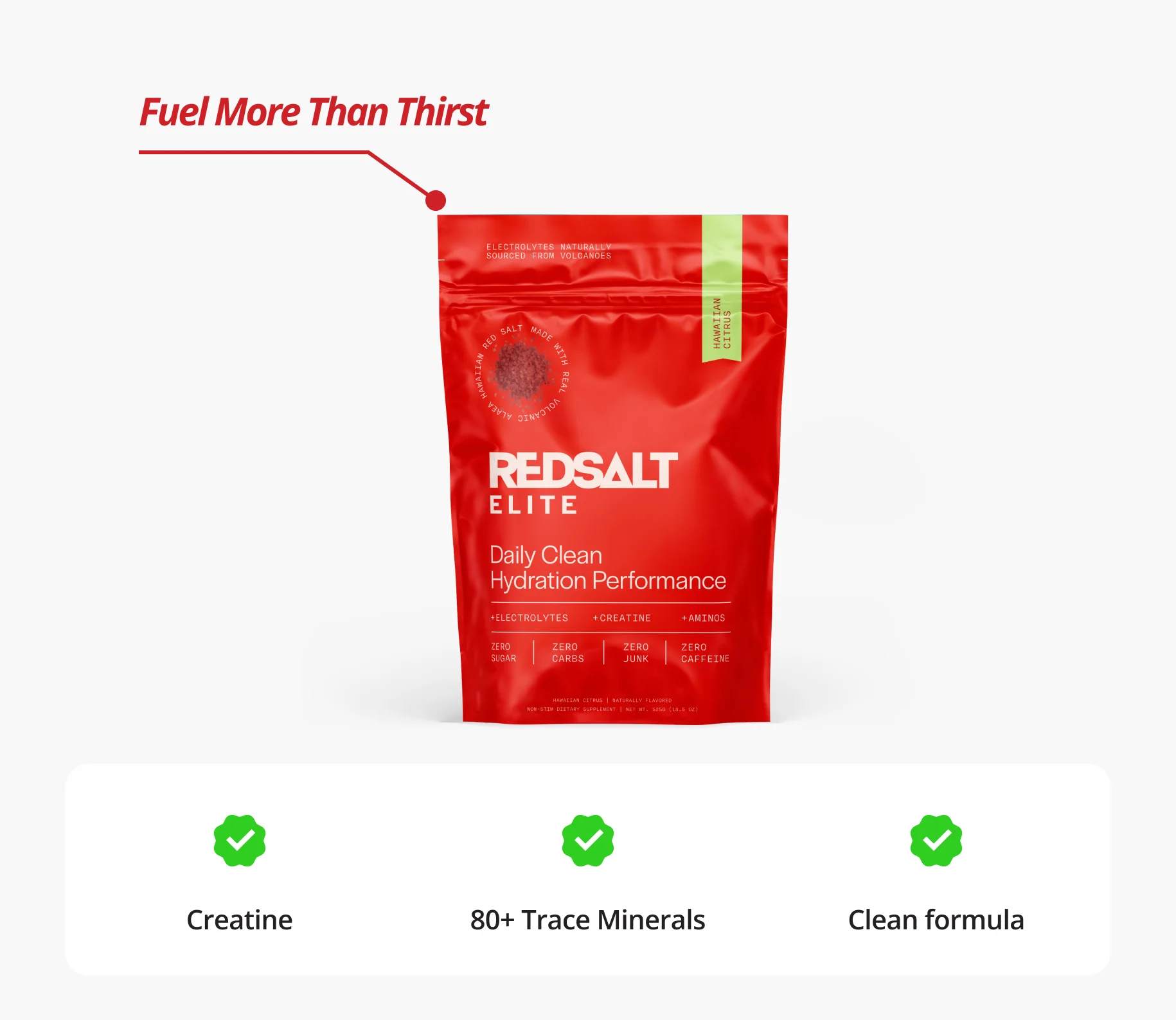 Red pouch labeled Redsalt Elite on white background, with hydration benefits highlighted.