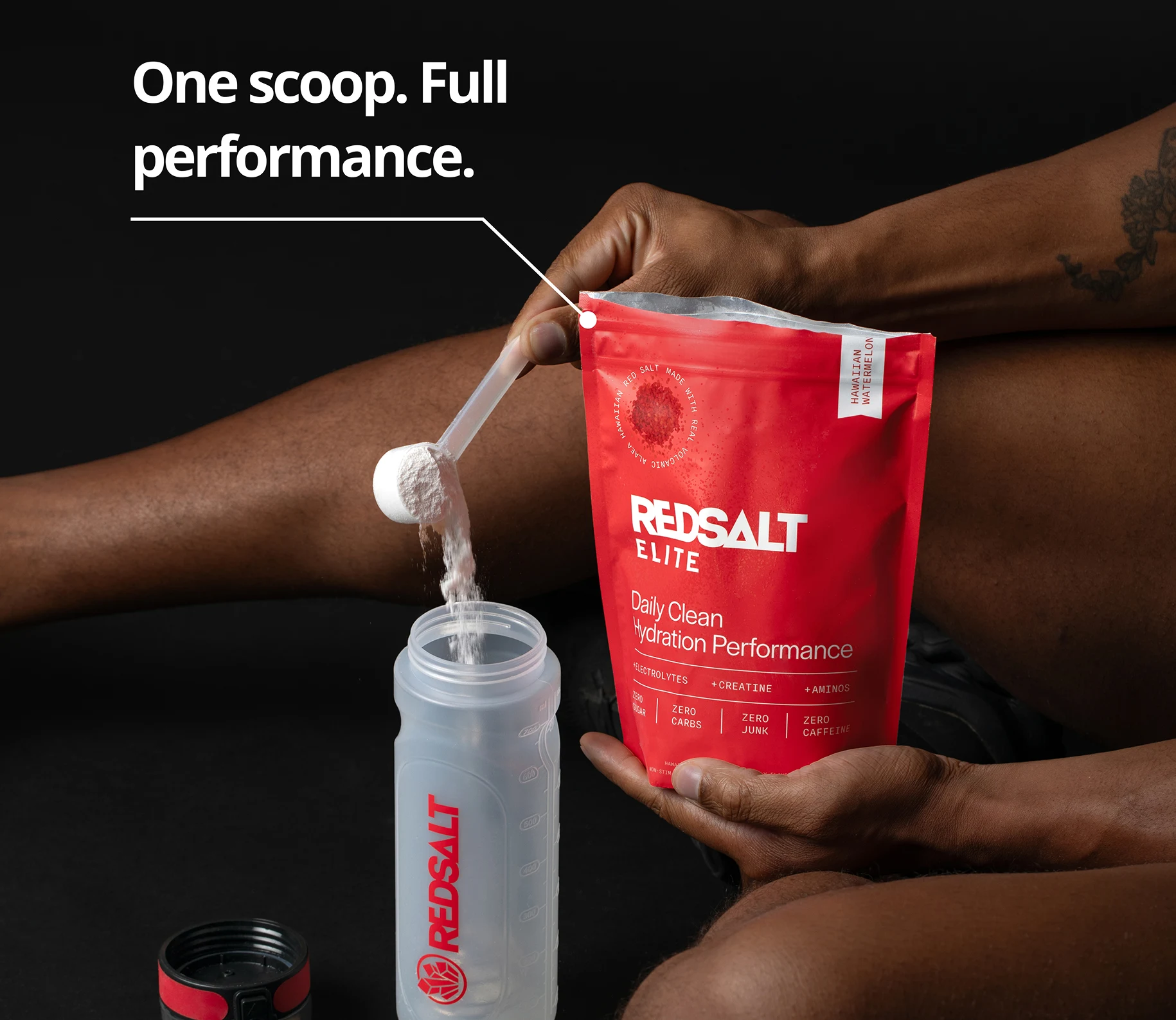 Person pouring powder from a red packet into a clear shaker bottle.