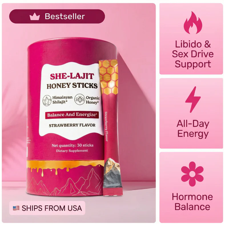 A pink container of She-Lajit Honey Sticks with a single stick and descriptions of the product's benefits.