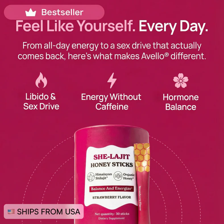 An advertisement for She-Lajit Honey Sticks, a dietary supplement for energy, libido, and hormone balance.
