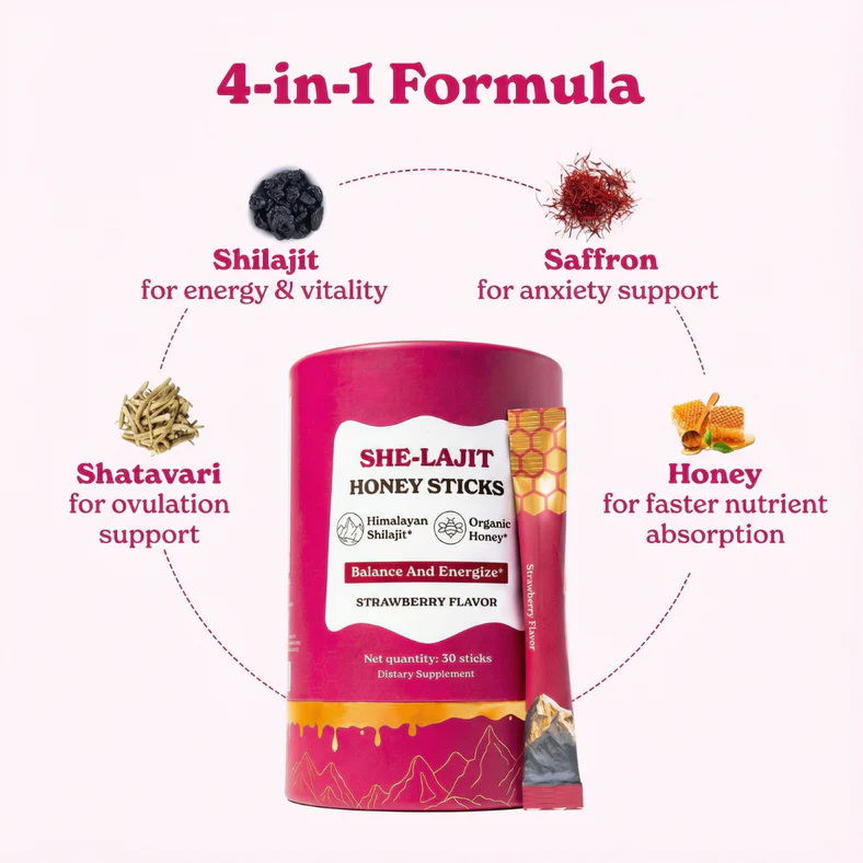 An advertisement for She-Lajit Honey Sticks, showing the product and its four key ingredients with their benefits.
