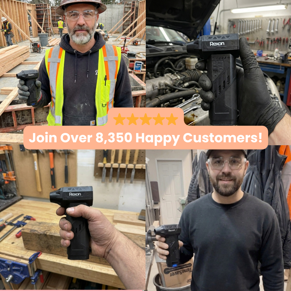 A collage of four photos showing men holding a black handheld power tool in various work settings.