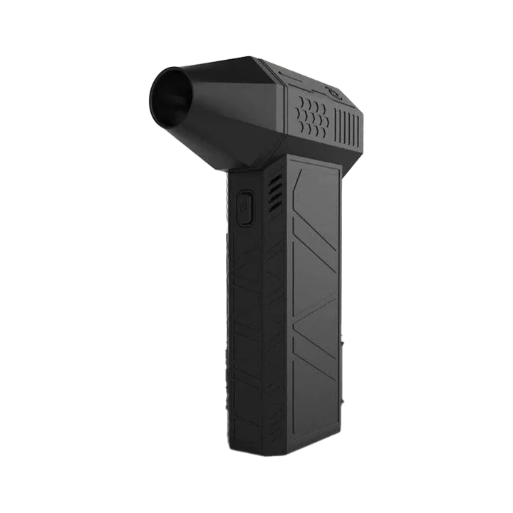 A black, handheld, portable air blower with an angular, futuristic design.