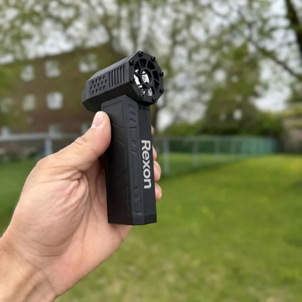 A person's hand holds a black handheld electronic device with the word 'Rexon' on the side.