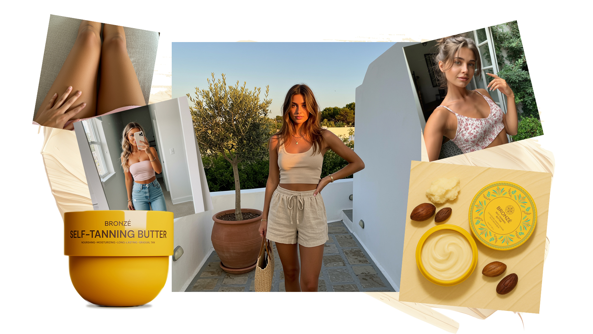 Collage of women, self-tanning butter, and skincare product with nuts.