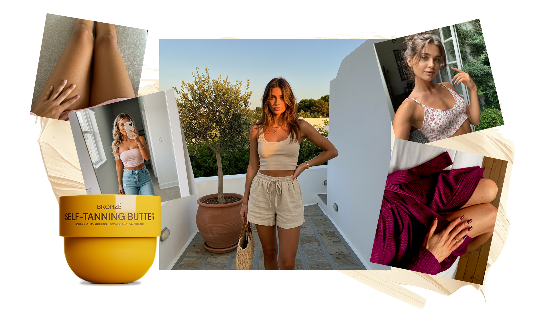 Collage of women and a self-tanning butter product.