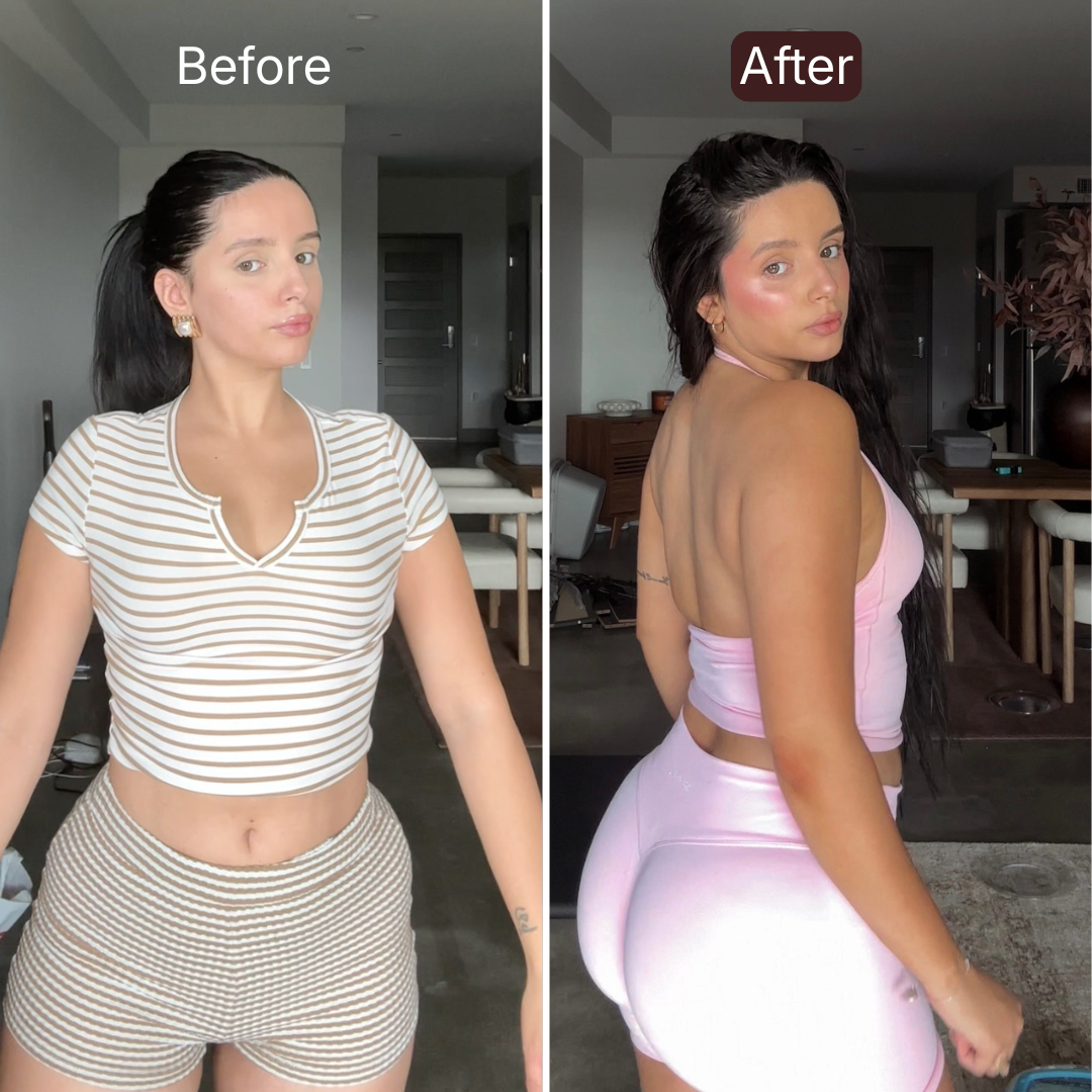 Side-by-side images labeled 'Before' and 'After' showing a person in different outfits and poses.