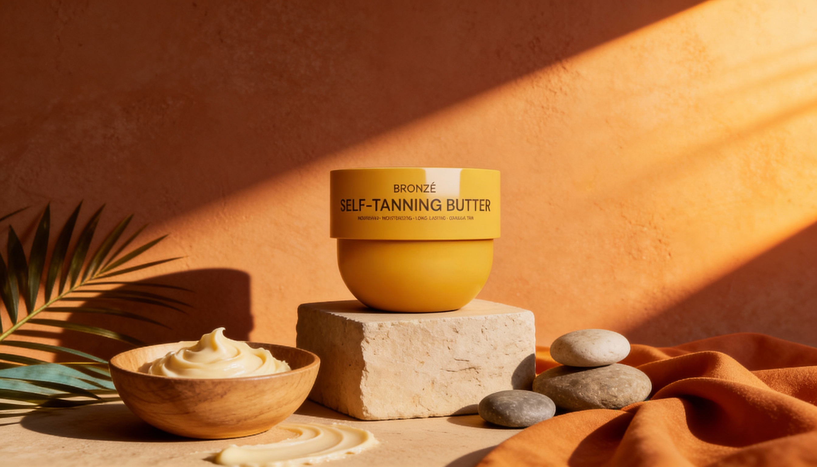 Self-tanning butter on stone block, bowl with cream, pebbles, and leaves.
