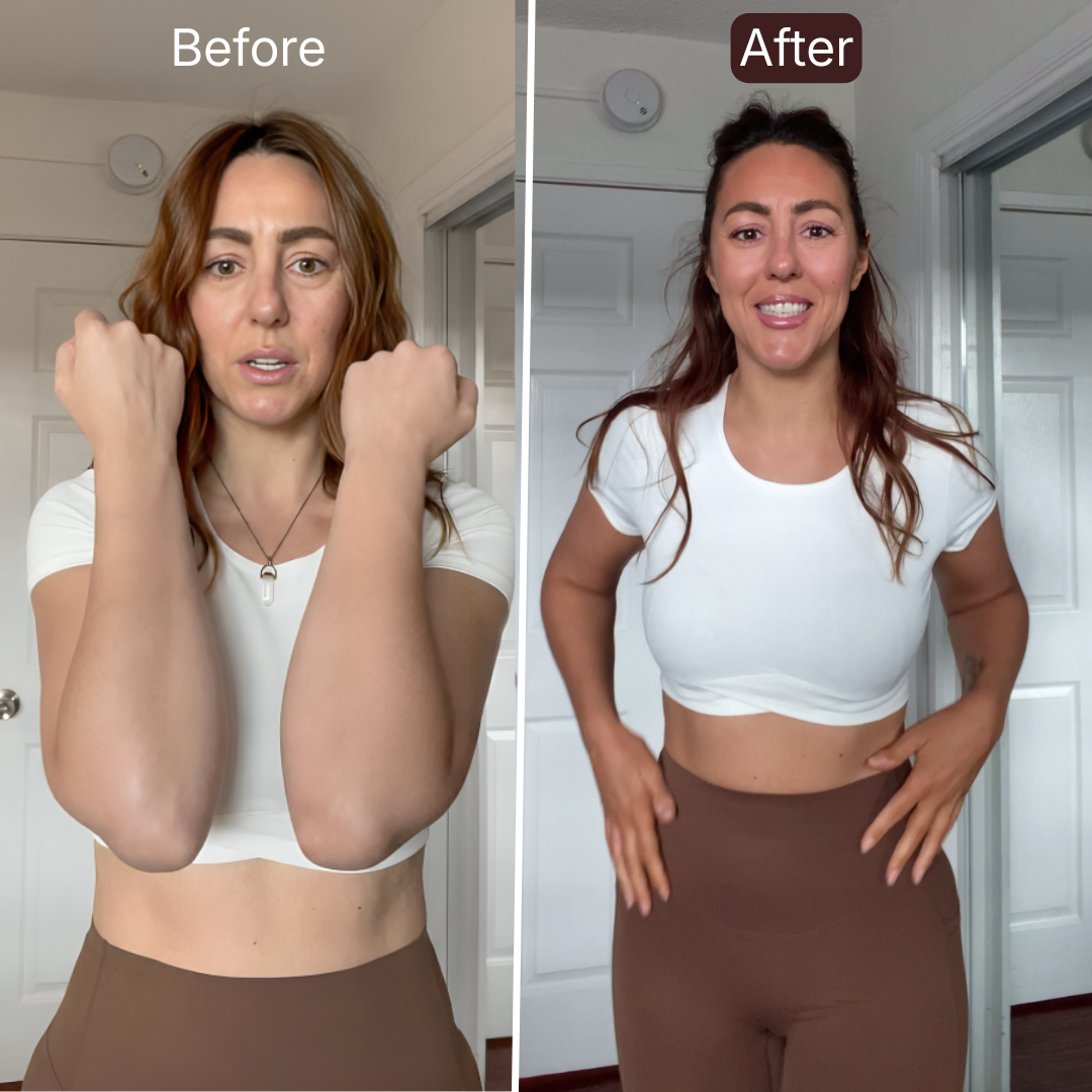 Two side-by-side photos labeled 'Before' and 'After' of a woman in a white top and brown pants.