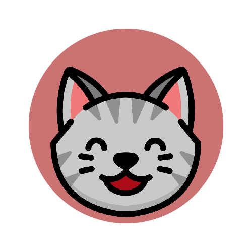 Illustration of a smiling cat face with closed eyes on a red circle background.