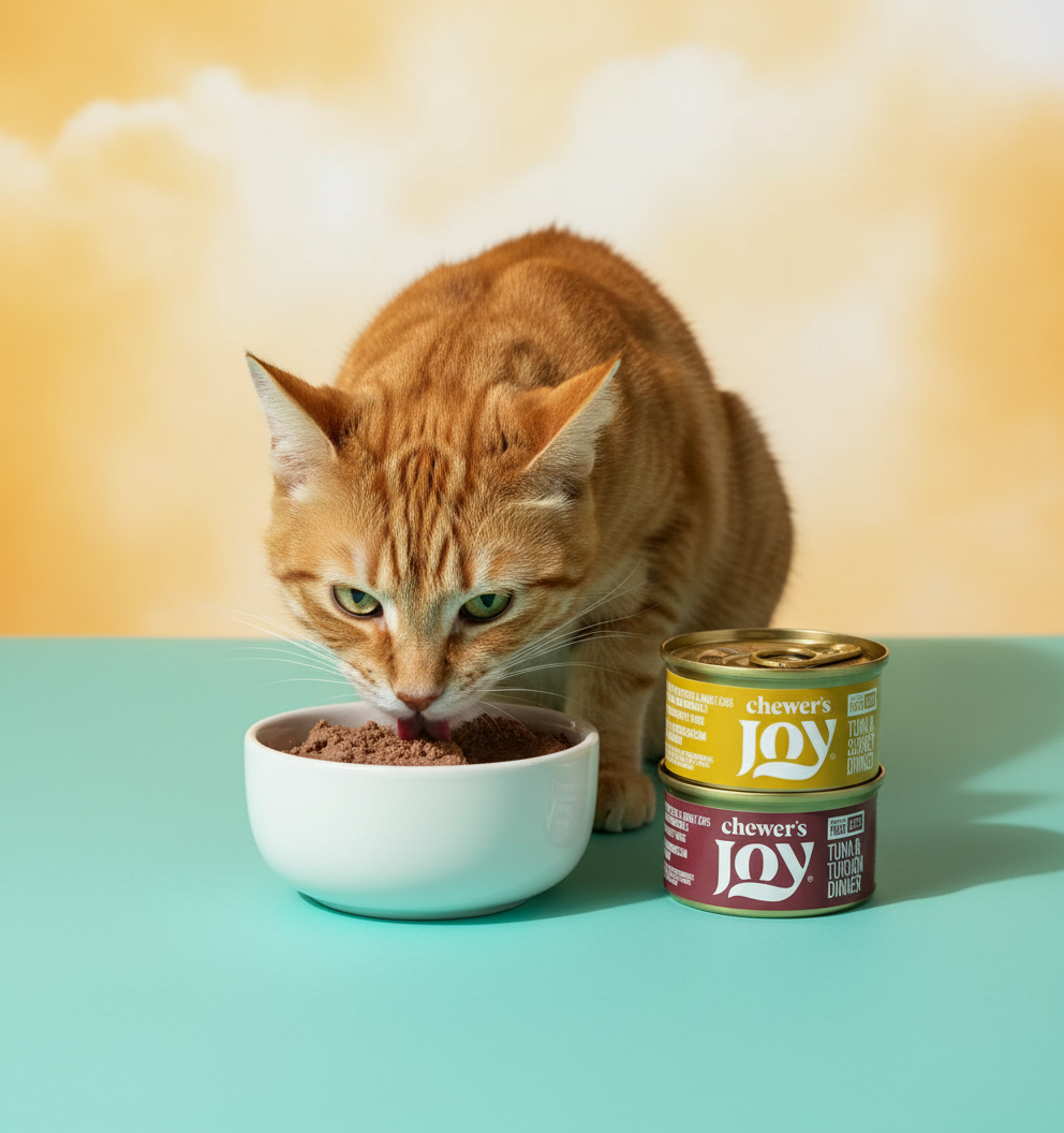 Cat eating from a bowl with cans of cat food beside it.