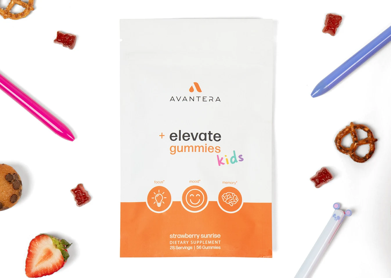 A pouch of Avantera Elevate Gummies for Kids surrounded by snacks like pretzels, strawberries, and gummy bears.