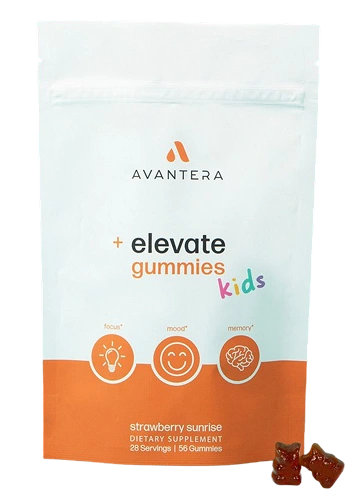 A white and orange pouch of Avantera elevate gummies kids, with two red gummies sitting next to it.