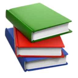 An illustration of a stack of three hardcover books, colored green, red, and blue from top to bottom.