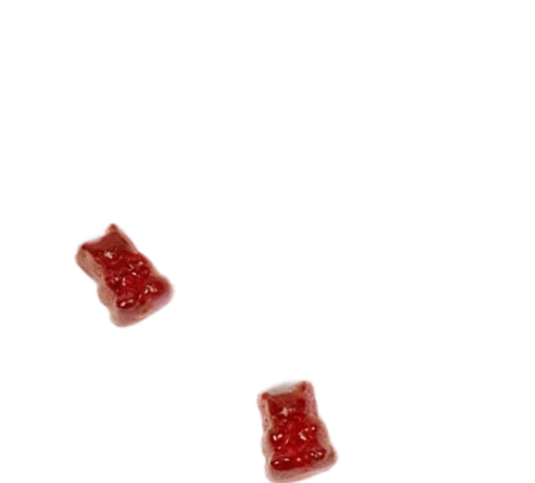 Two red gummy bear candies against a white background.