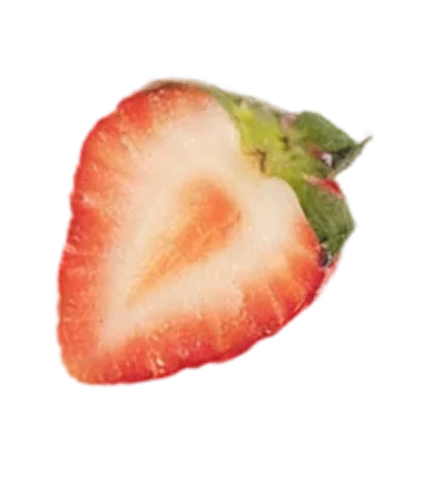 A single strawberry sliced in half, showing its white and red interior and green top.