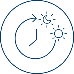 A circular line icon of a clock with a sun and moon, representing the passage of time.
