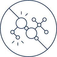 A circular icon with a line through it, containing a line drawing of a molecule.