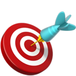 A light blue dart with a yellow tip hitting the bullseye of a red and white target.