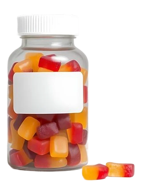 A clear bottle with a blank white label, filled with colorful red and orange gummy vitamins.